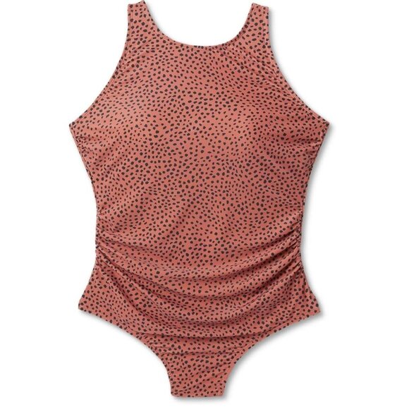 3/$60 Kona Sol Spotted High Neck Ruched Full Coverage One Piece Swimsuit SZ L - Picture 3 of 8